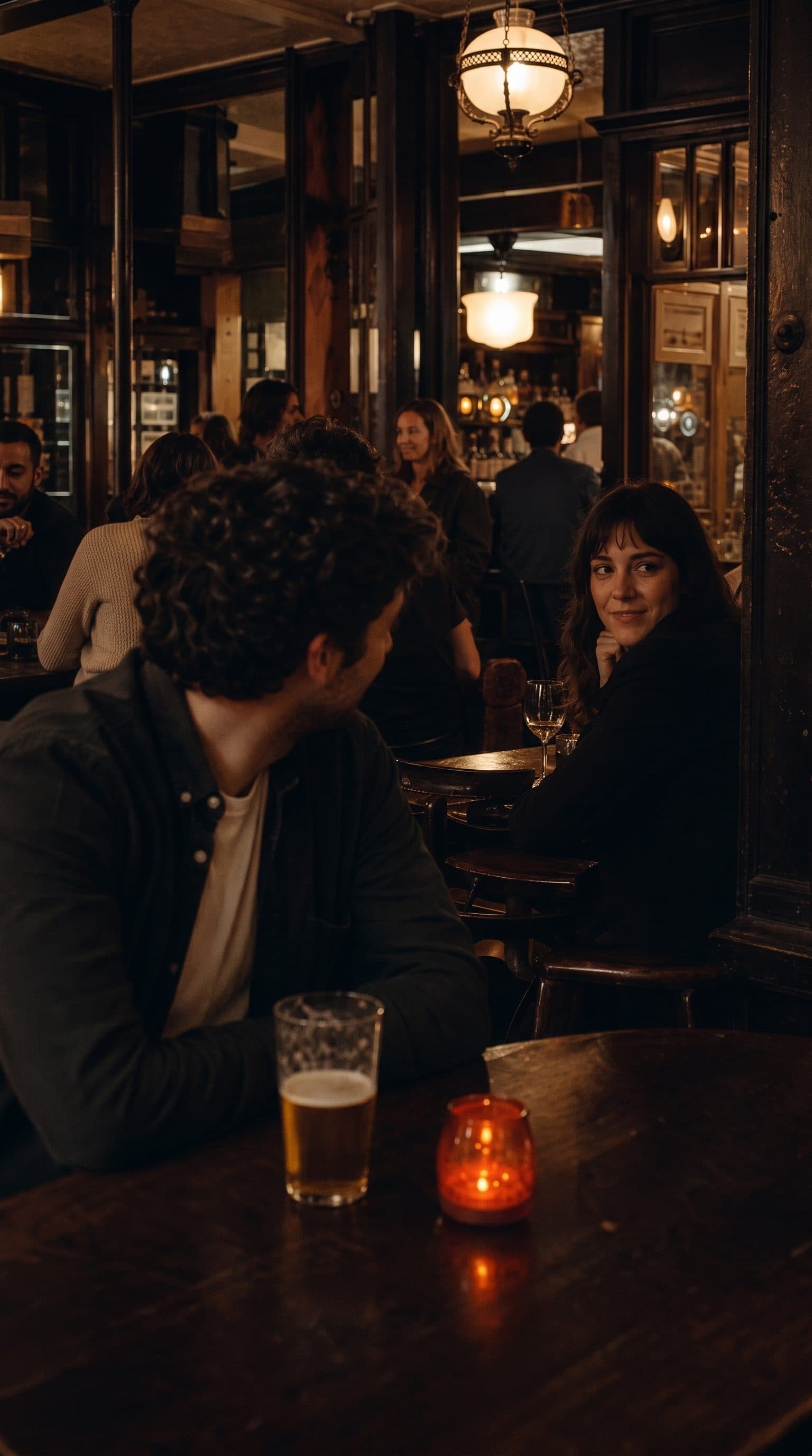 Two people noticing each other across a busy pub