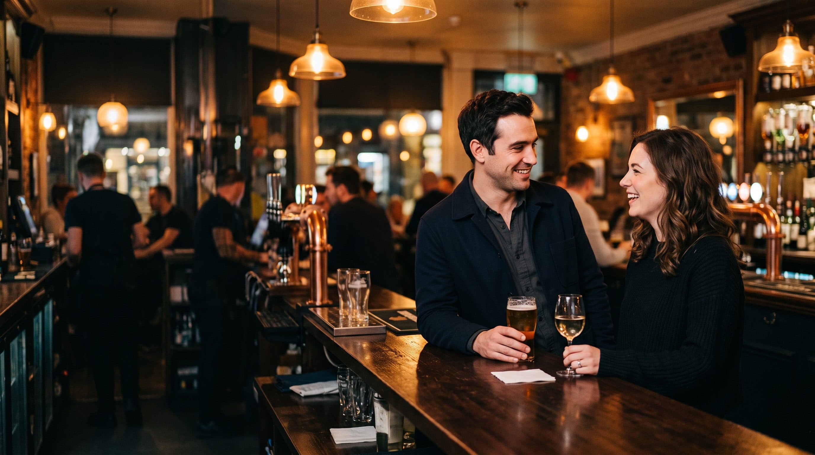 Two people meeting and talking at a busy pub bar