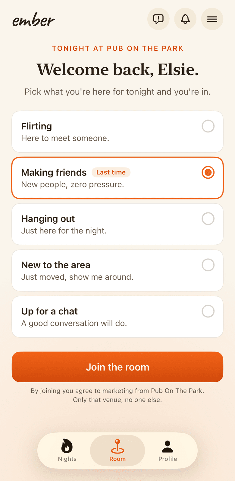 The join form asking for a photo, first name and tonight's mood