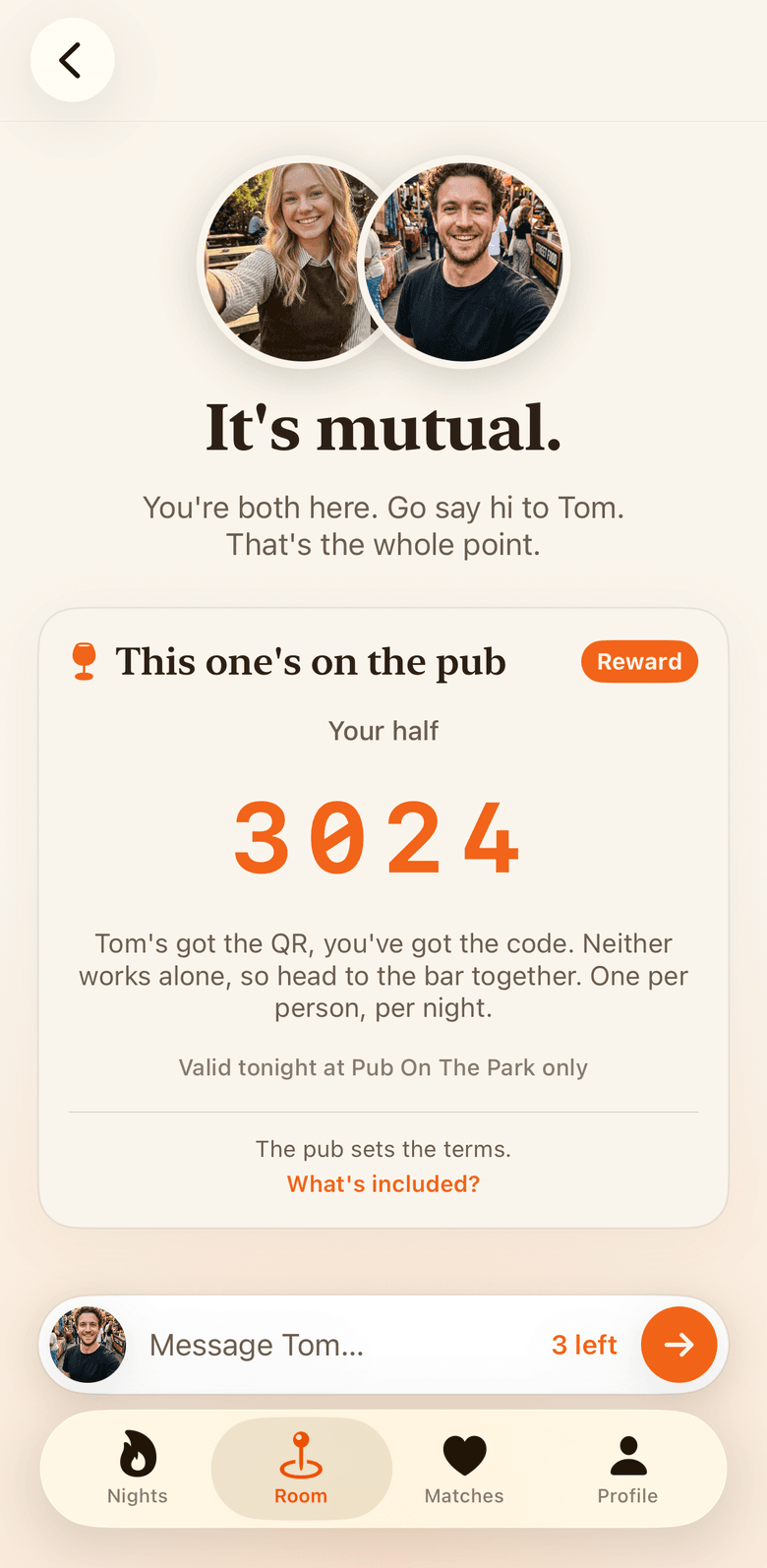 The match screen with the four-digit check code half of the match reward