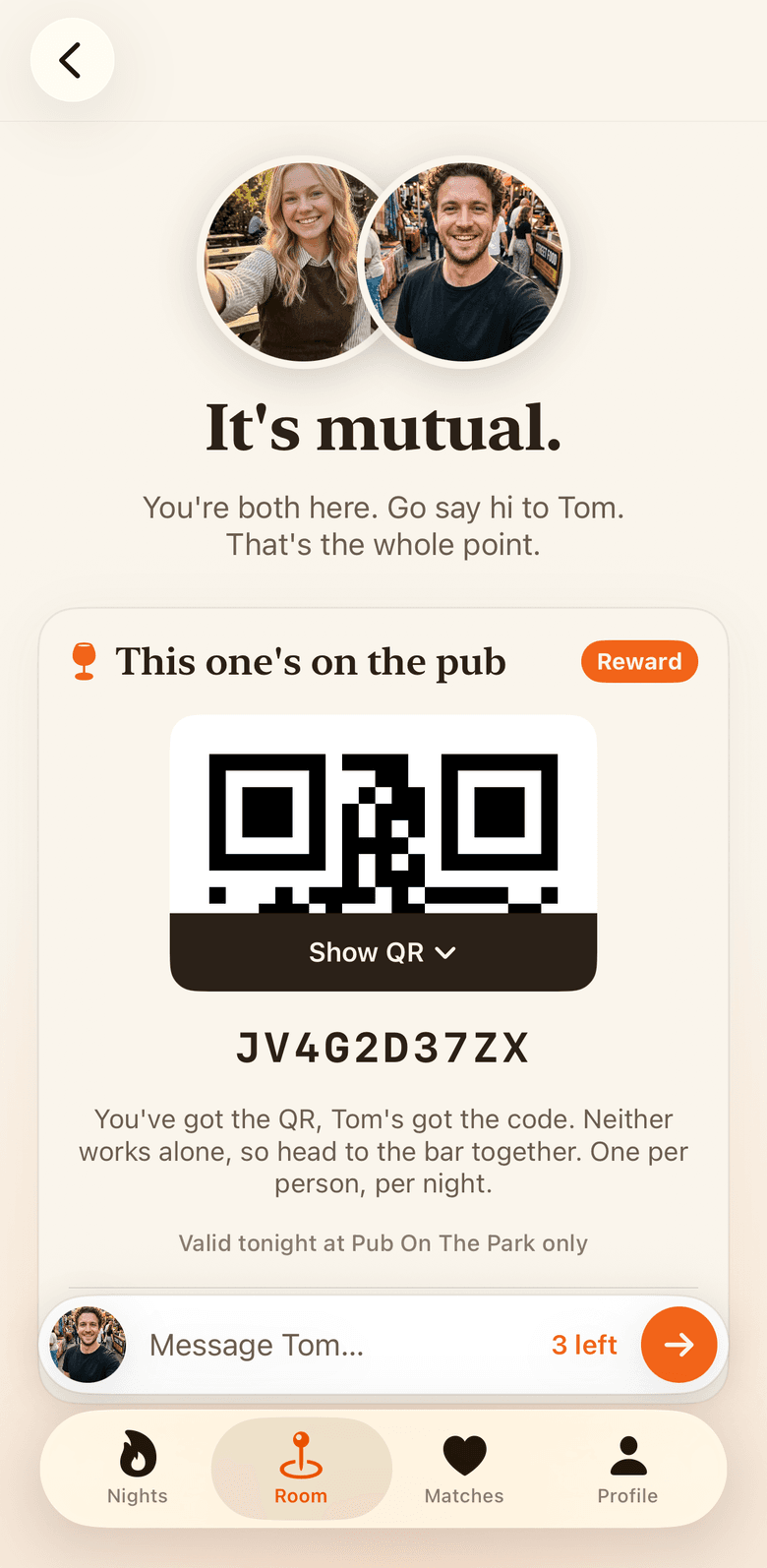 Ember match screen with a reward QR code