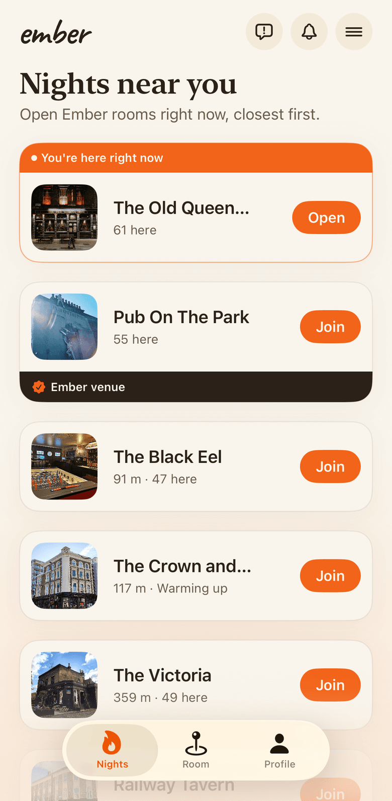 The nights list showing pubs with open Ember rooms nearby