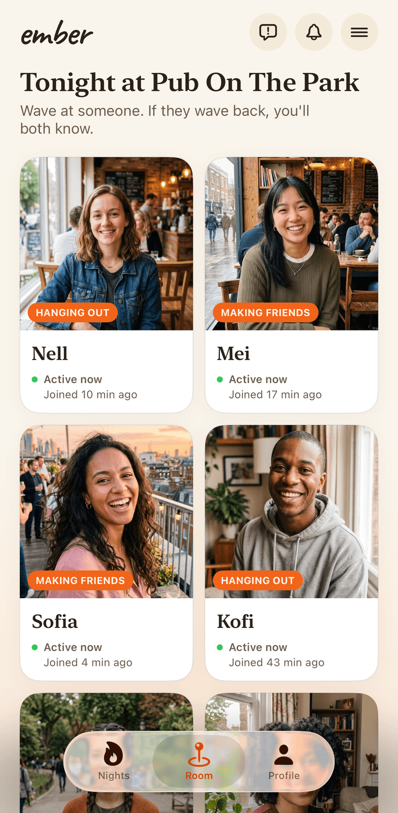 Ember room showing people who are at the same pub