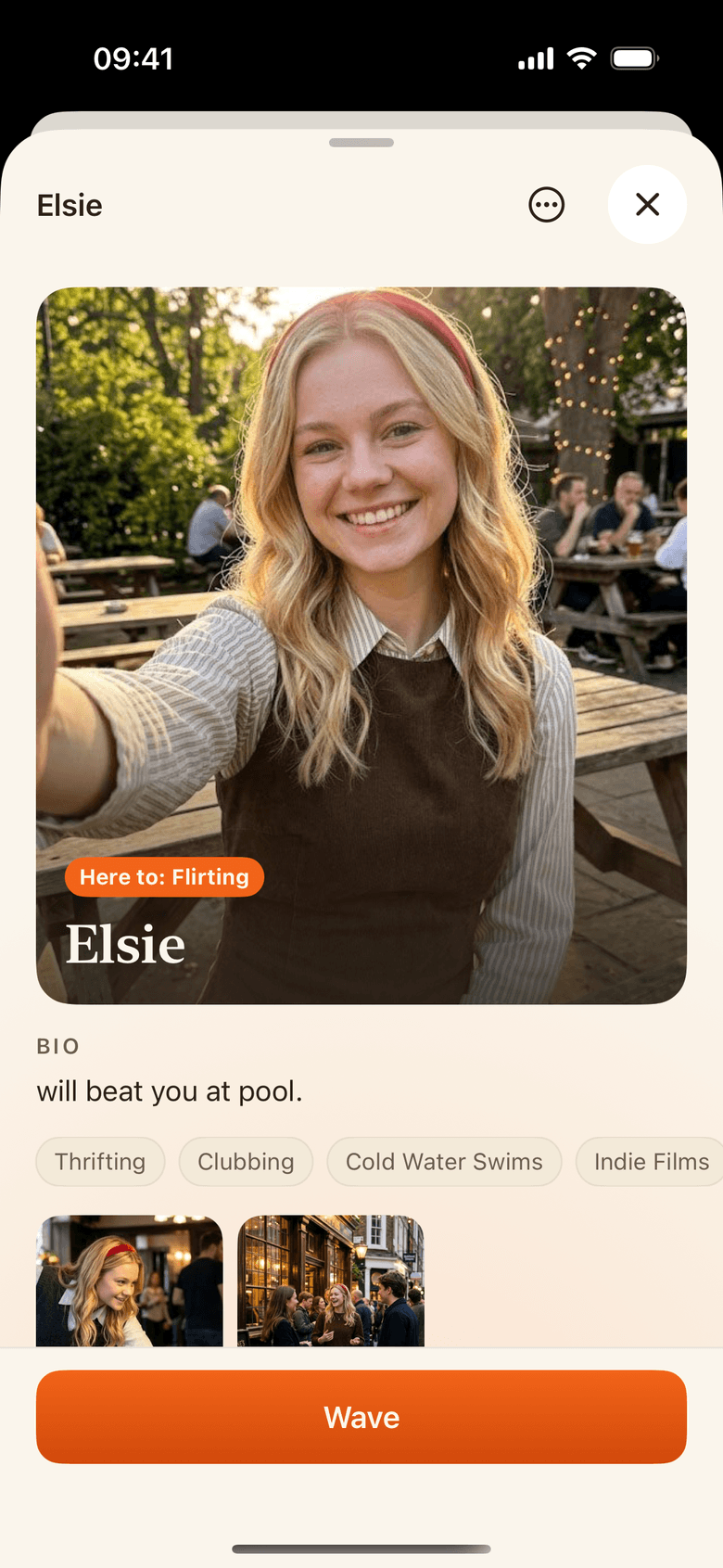Elsie's Ember profile with her photo, interests and Wave button