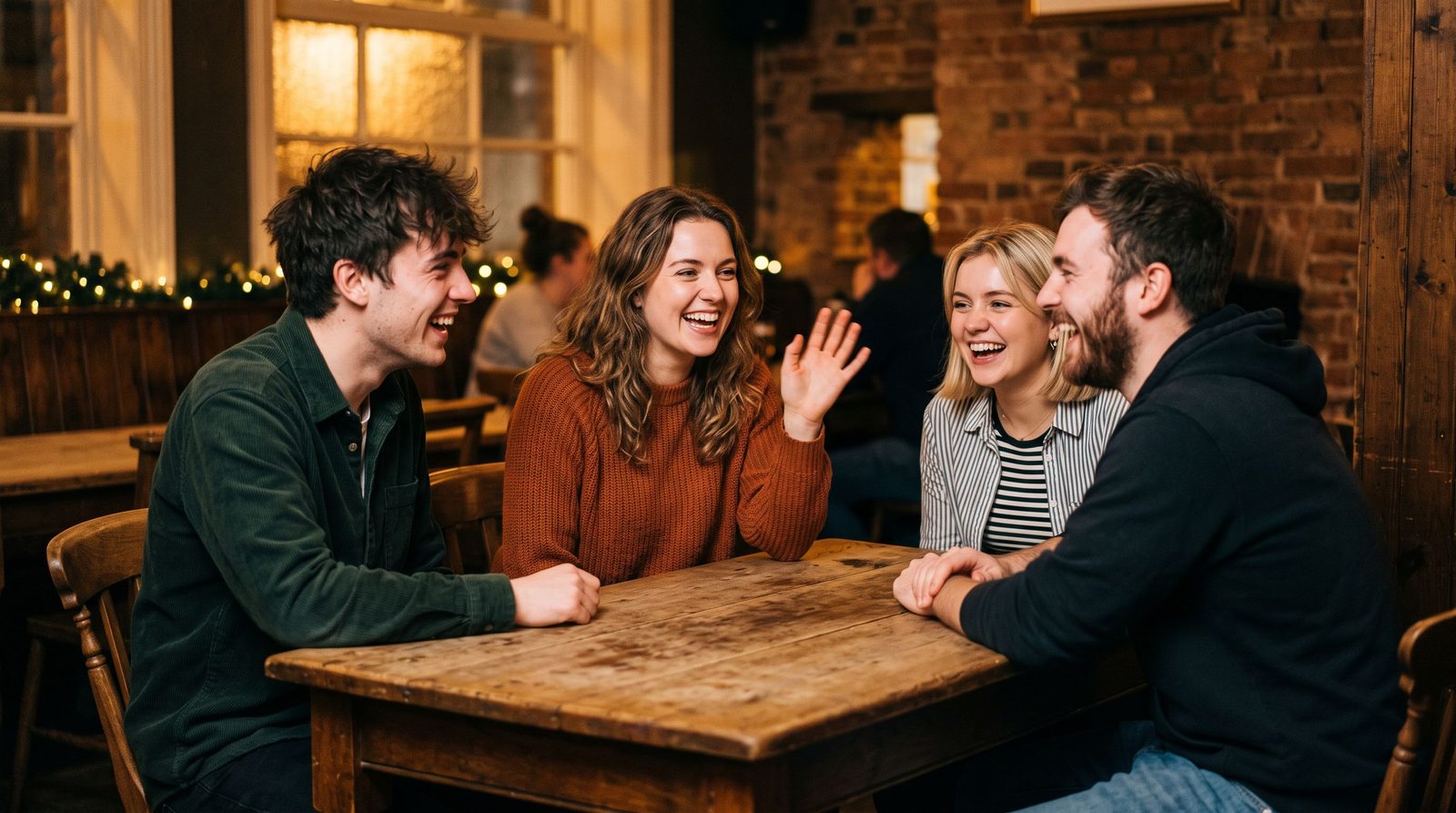 Four friends laughing around an empty wooden table in a cosy British pub, one raising a hand in a friendly wave
