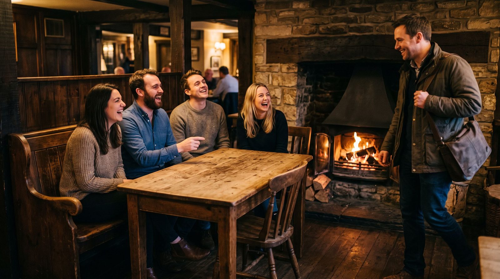 Four friends laughing around a bare wooden table beside a lit fireplace in a cosy British pub, with another person arriving and being welcomed in