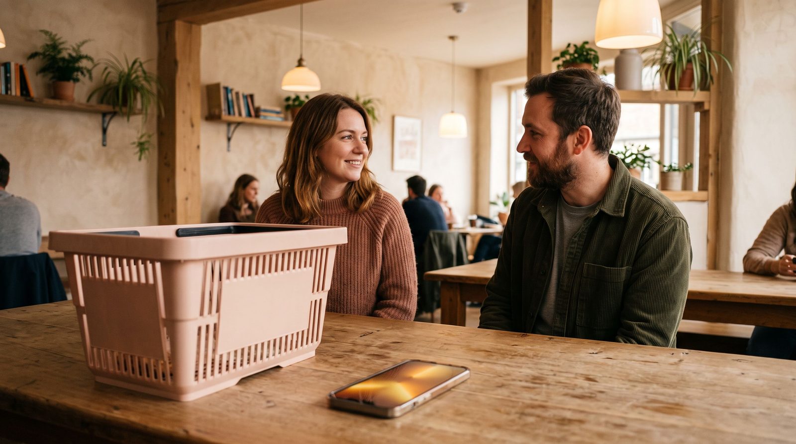 A pink shopping basket beside a phone as two adults notice each other in a warm social venue.