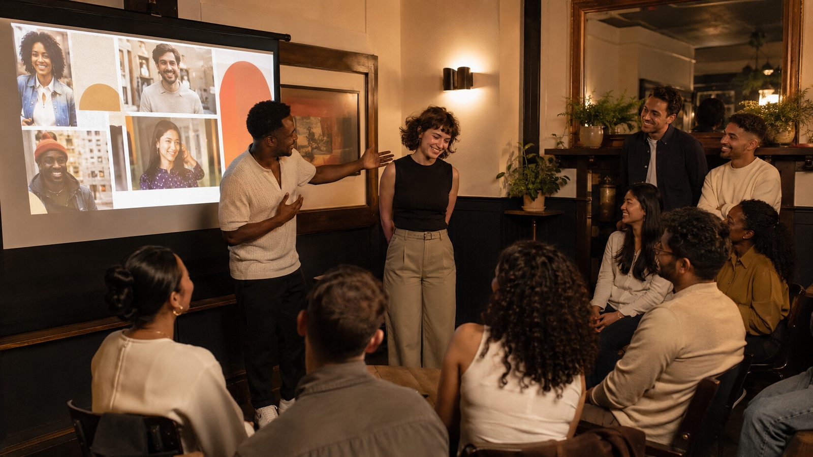 A friend presenting a single mate to a group at a warm London pub PowerPoint dating night.