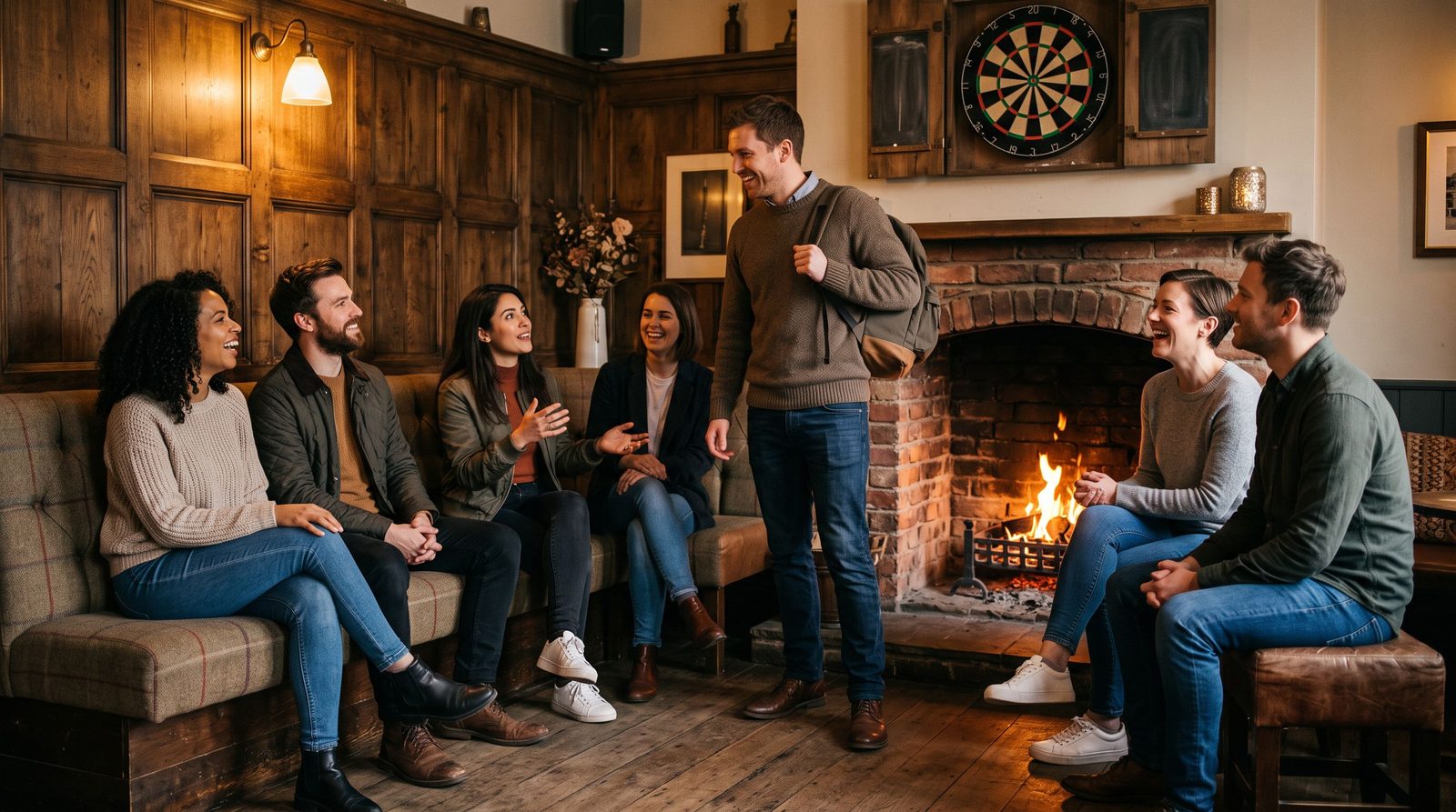 Adults chatting together in a welcoming common room with warm amber lighting.