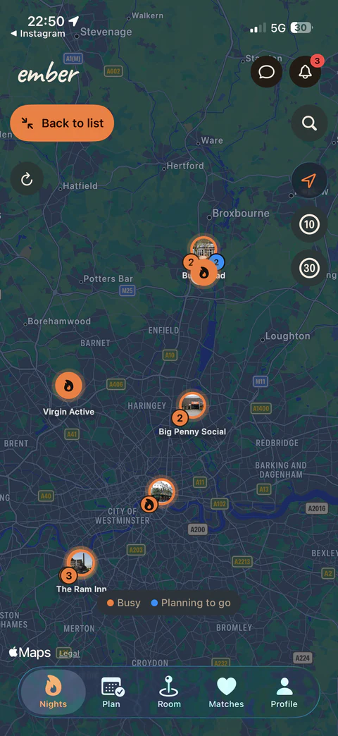 Ember heatmap showing orange venue activity and blue planning interest around London.