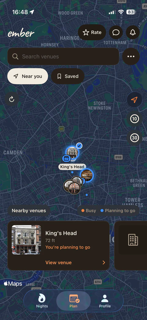 Ember Plan mode with nearby and saved venue filters and King's Head selected as the night's plan.